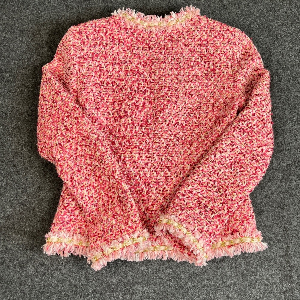 Boston Proper Pink Tweed Boucle Jacket Gold Chain Trim Fringe Blazer Size 2 - Picture 7 of 9